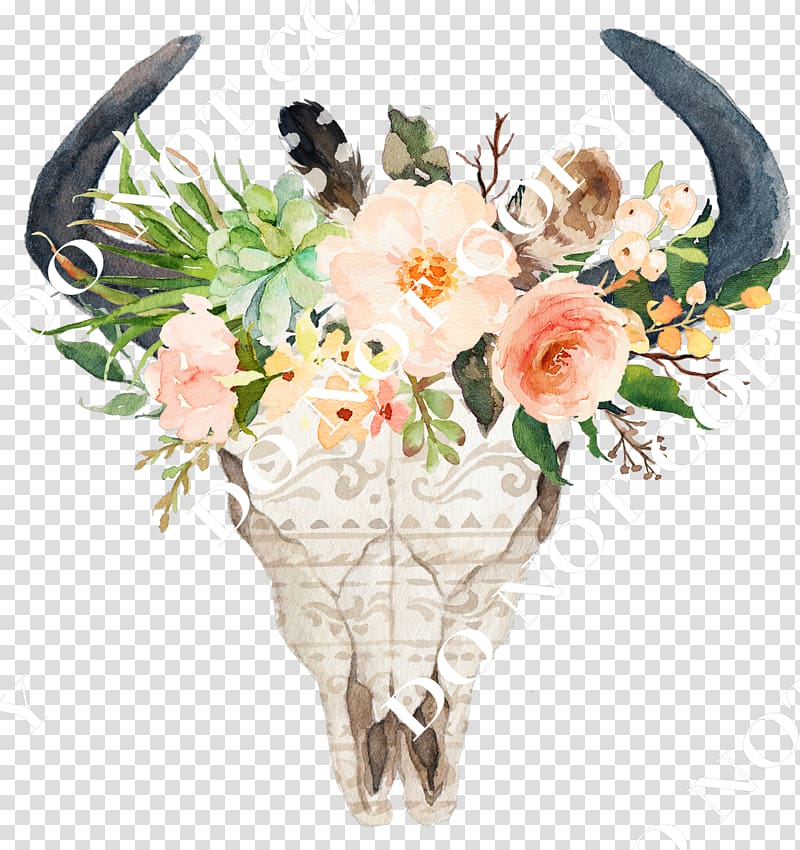 animal skull with flowers illusration, Cattle Skull Bull Decal Flower, bohemia f;ower transparent background PNG clipart