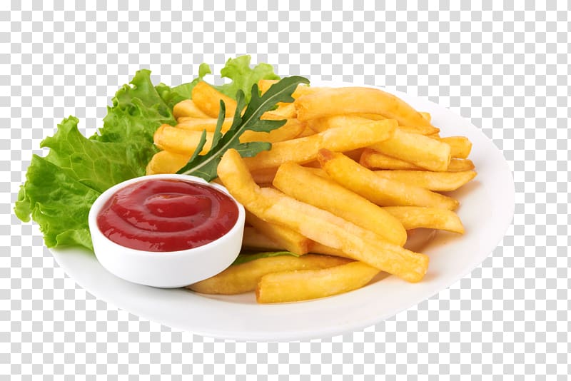 plate of french fries with lettuce and sauce, French fries Buffalo wing Thai cuisine Fast food Tornado potato, HD fries transparent background PNG clipart
