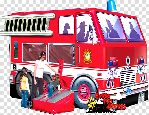 Fire engine Car Inflatable Bouncers Truck Motor vehicle, Fire party transparent background PNG clipart