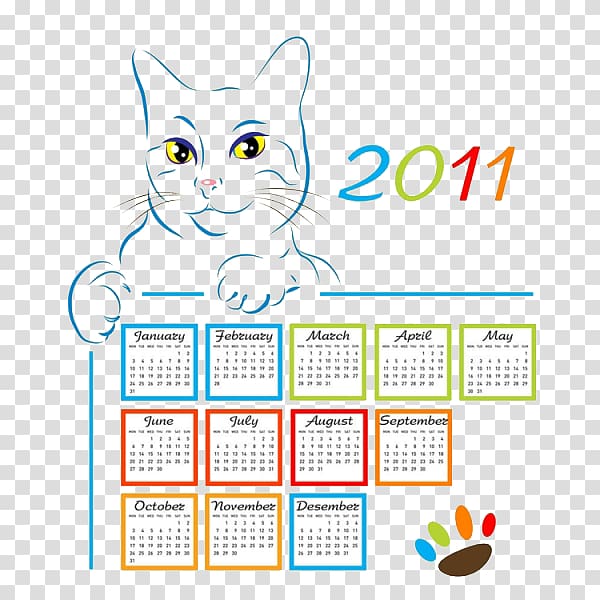 Cat Calendar Illustration, Cartoon cat calendar transparent background PNG clipart