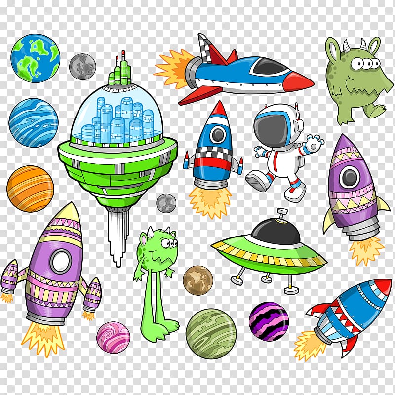Spacecraft Outer space Cartoon Illustration, Space elements transparent background PNG clipart