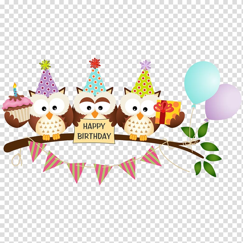 happy birthday decor illustration, 3 cartoon owl material transparent background PNG clipart