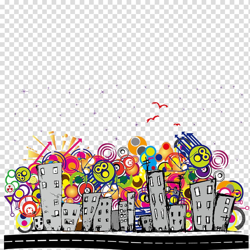 multicolored building drawing, Euclidean City Illustration, Funny cartoon illustration of urban construction material transparent background PNG clipart