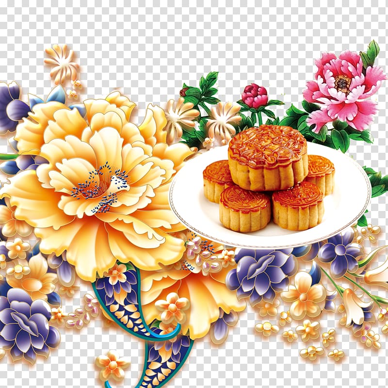 Mooncake Mid-Autumn Festival Dragon Boat Festival Finger food, The flowers of the moon cake transparent background PNG clipart