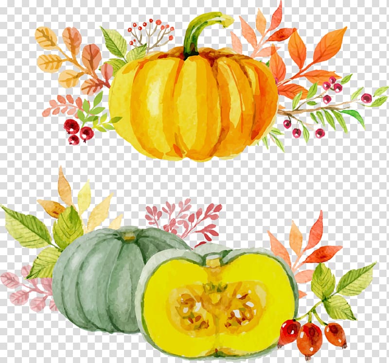 two illustrations of squash, Paper Thanksgiving Watercolor painting Autumn Pumpkin, Painted pumpkin transparent background PNG clipart