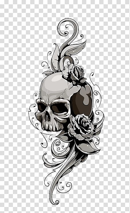 gray skull with flower , Human skull symbolism Tattoo Illustration, Halloween transparent background PNG clipart