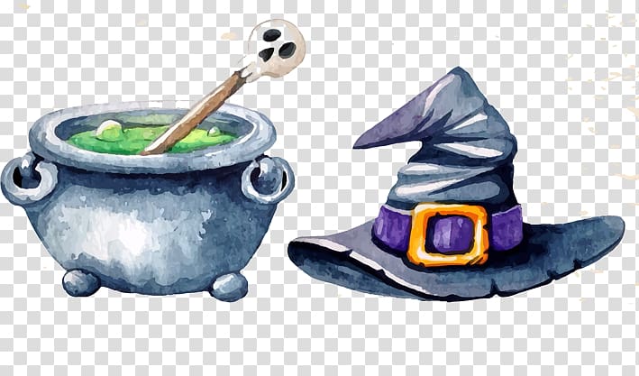 gray witch hat illustration, Halloween Watercolor painting , Witch hat soup transparent background PNG clipart