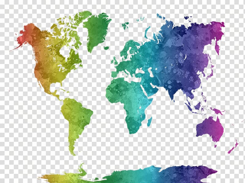 multicolored globe map, World map Watercolor painting Poster, Beautiful watercolor world map design transparent background PNG clipart