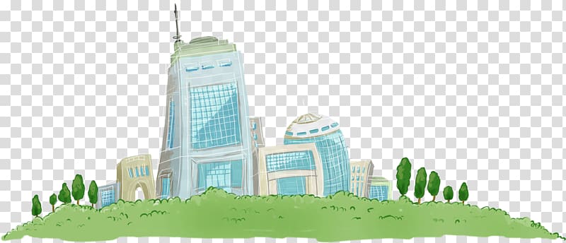 Green Computer file, Lovely hand-painted tree city building transparent background PNG clipart