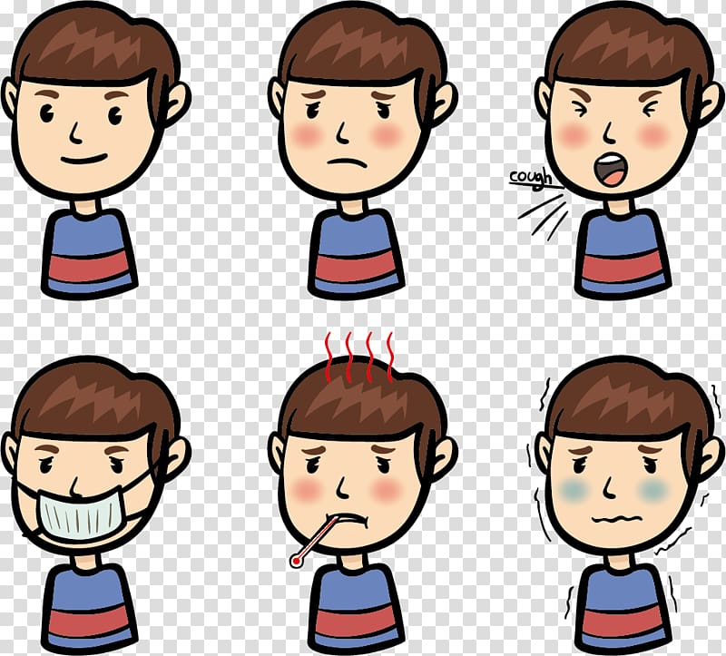 six boy's assorted reactions, Child Drawing, flu unwell sick children transparent background PNG clipart