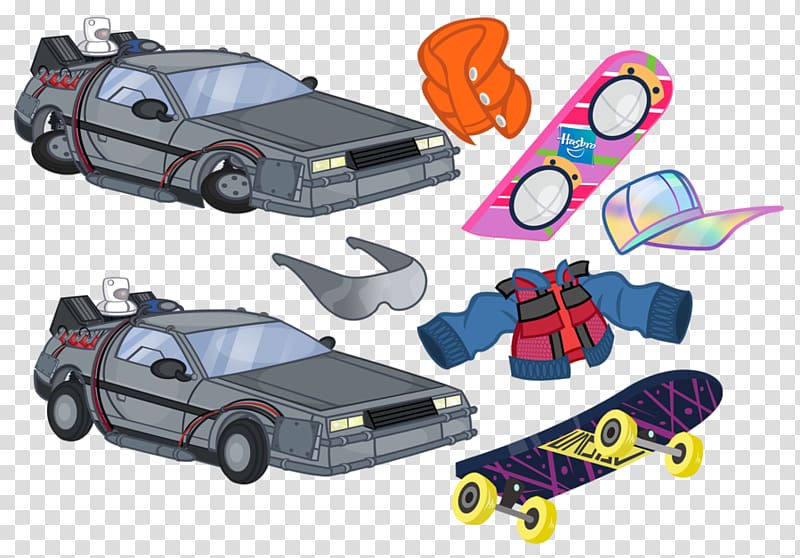 Marty McFly Dr. Emmett Brown Back to the Future DeLorean time machine Hoverboard, others transparent background PNG clipart