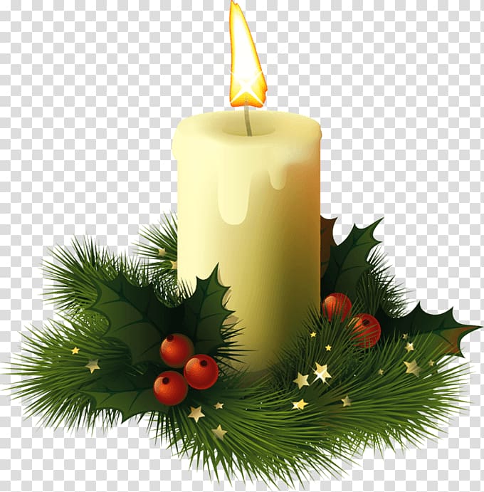 lit white pillar candle with mistletoe art art, Christmas Candle transparent background PNG clipart
