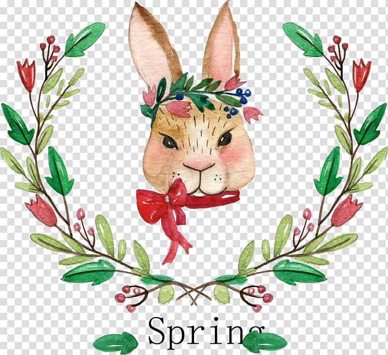Watercolor painting Rabbit Drawing, Water painted rabbit head and floral transparent background PNG clipart