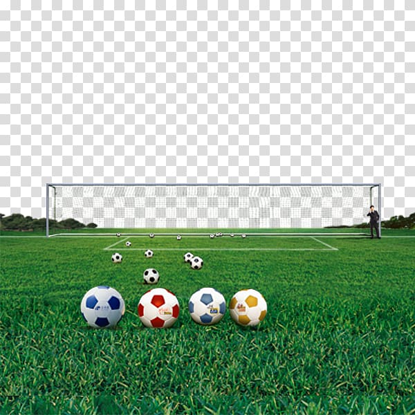 soccer balls on soccer field near goal, Football pitch Poster, football field transparent background PNG clipart