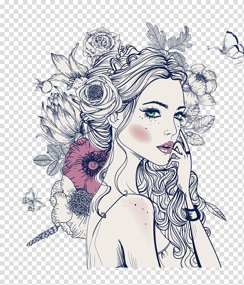 woman with flower hair illustration, beautiful transparent background PNG clipart