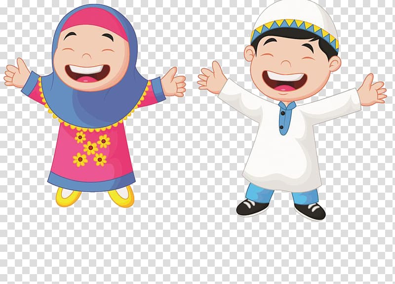 Muslim Cartoon Child Illustration, Muslim students, boy and girl raising hands transparent background PNG clipart