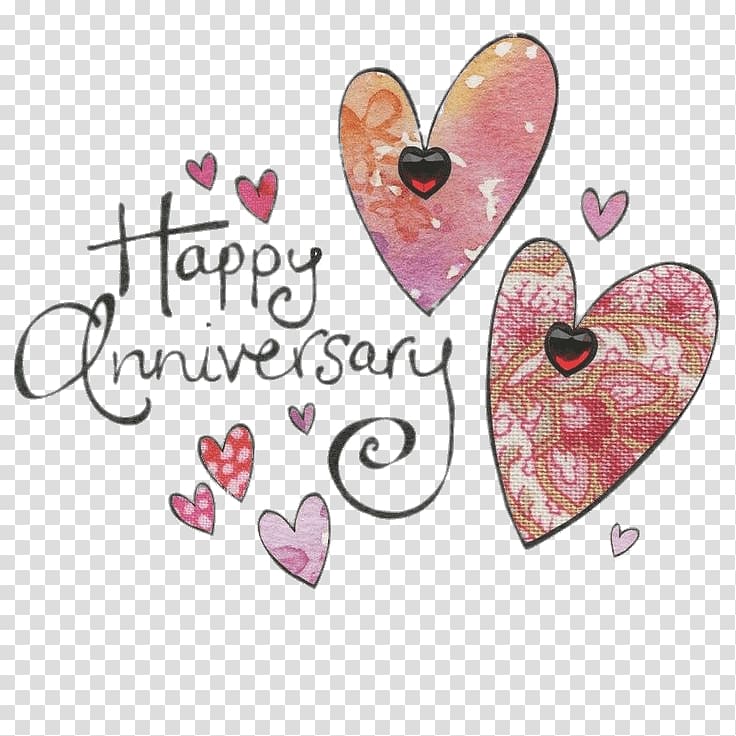 hearts illustration with Happy Anniversary text overlay, Happy Anniversary Coloured Hearts transparent background PNG clipart