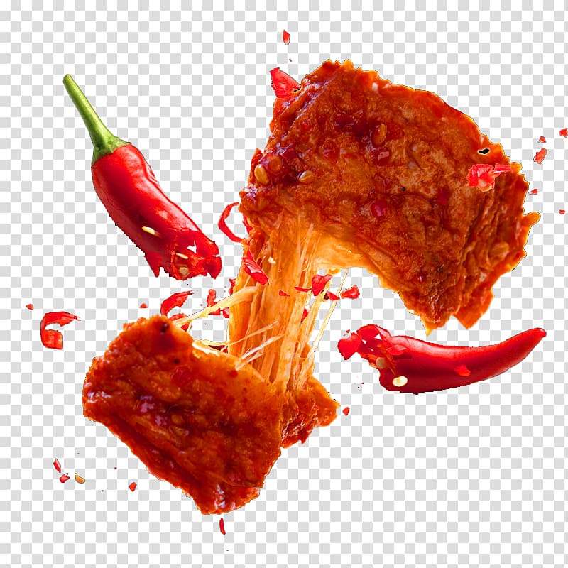 closeup of cooked meat and red chili, Chilli chicken Chicken nugget Chili pepper, Free Spicy Shredded Chicken pull transparent background PNG clipart
