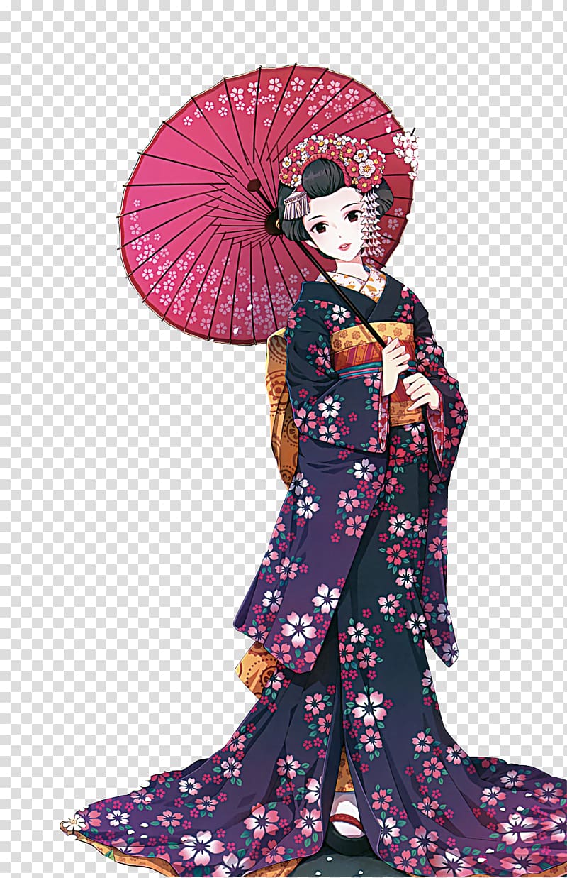 Geisha illustration, Anime Kimono Manga Drawing, Japanese kimono anime characters transparent background PNG clipart