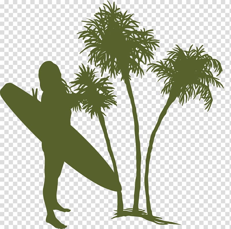 Euclidean Tree Coconut, Woman surfboard summer coconut tree material transparent background PNG clipart