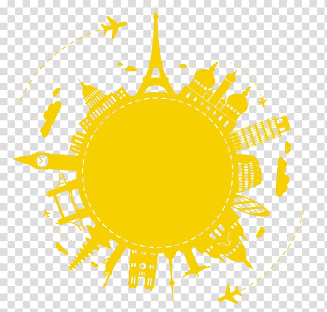 round yellow planet with buildings logo, World Travel Silhouette Illustration, Buildings around the globe transparent background PNG clipart