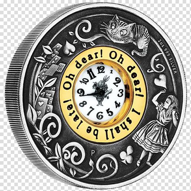 Alice\'s Adventures in Wonderland Silver Coin, silver transparent background PNG clipart