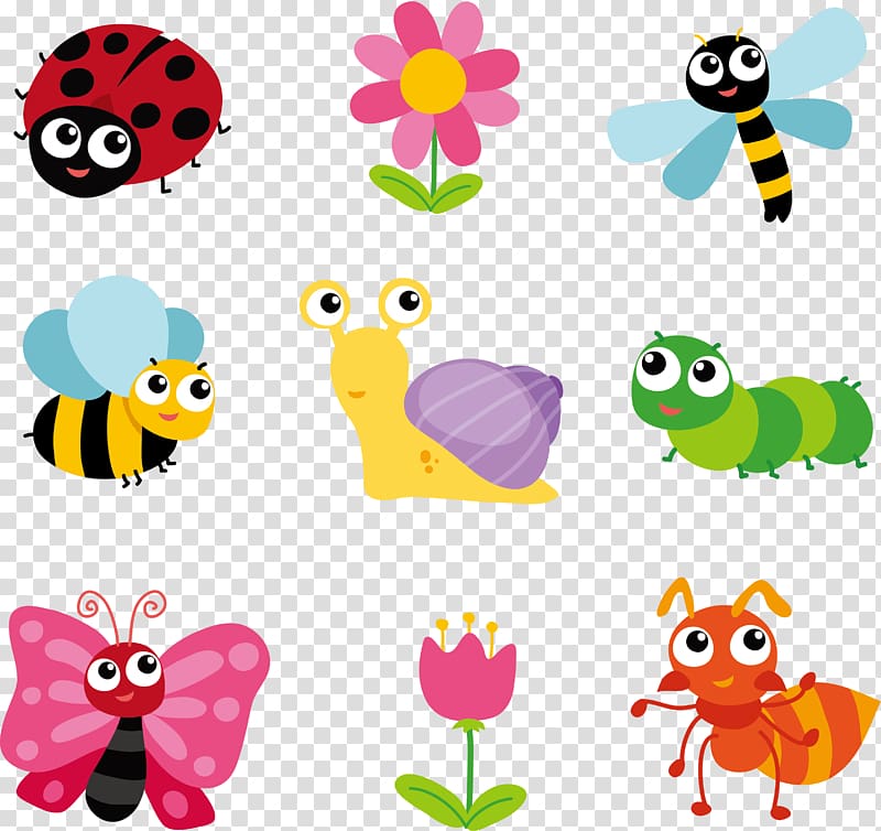 Insect Cartoon , 9 lovely insects and flowers transparent background PNG clipart