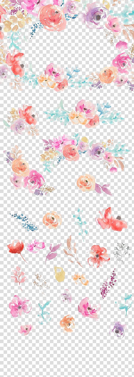 blue, yellow, orange, purple floral background, Hand-painted flowers transparent background PNG clipart