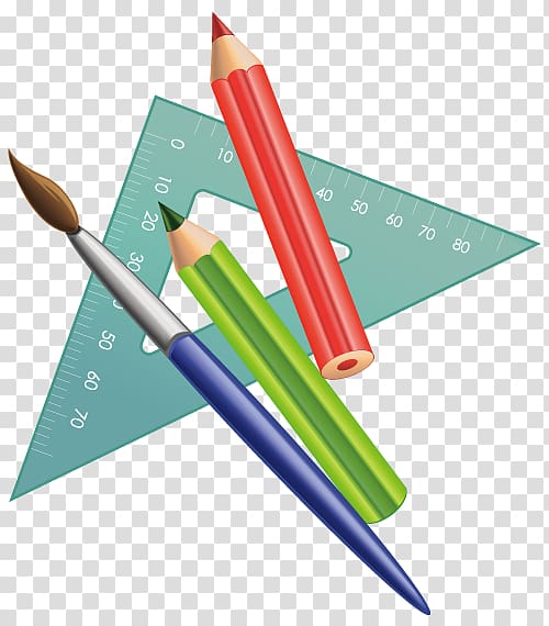 paintbrush, color pencils, and ruler digital illustration, Education Paper School Learning, Education industry perspective view of school supplies transparent background PNG clipart