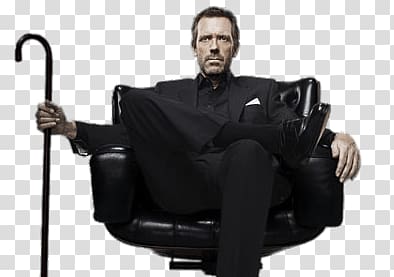 man sitting on black leather swivel chair while holding black walking cane, Dr House In Chair transparent background PNG clipart