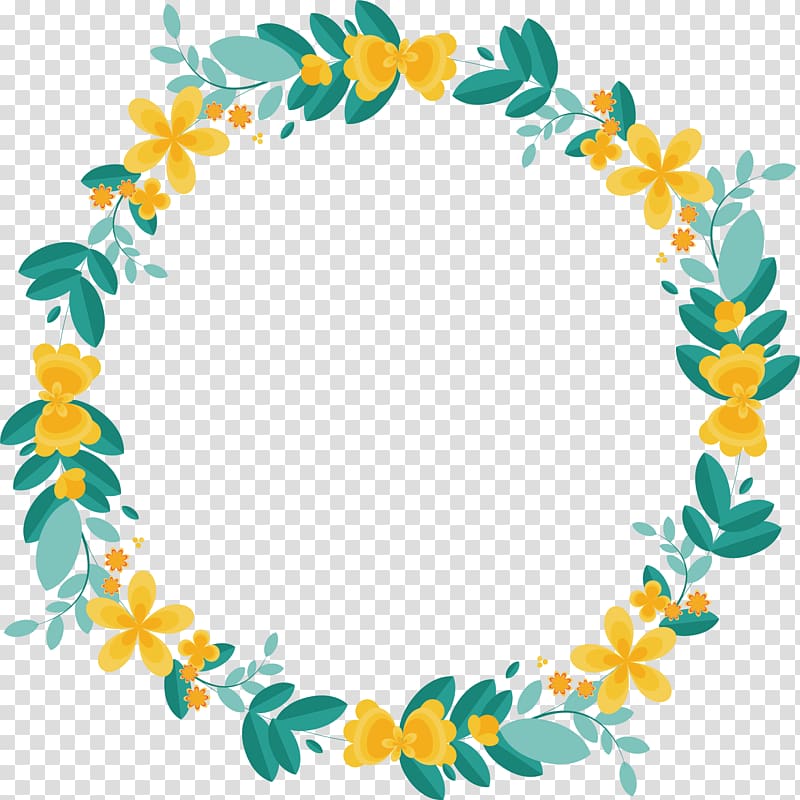 yellow and teal floral wreath artwork, Border Flowers Garland Wreath, Leaves splicing love ring transparent background PNG clipart