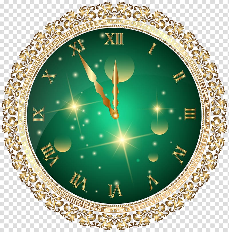 analog clock at 11:55 illustration, New Year\'s Eve Clock , Green New Year\'s Clock transparent background PNG clipart