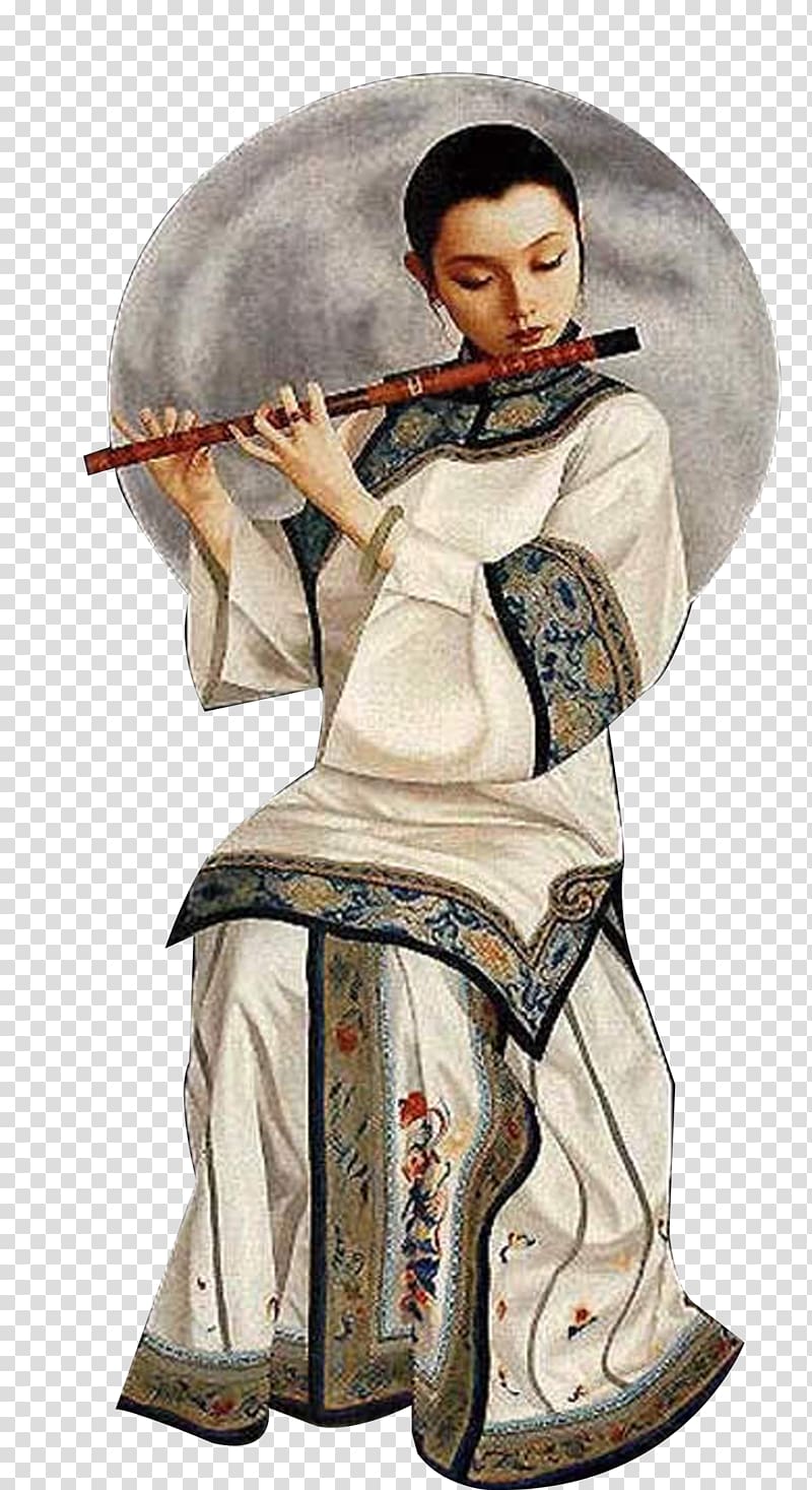 Tea Chinoiserie Poster Ink wash painting Web template, Flute woman transparent background PNG clipart