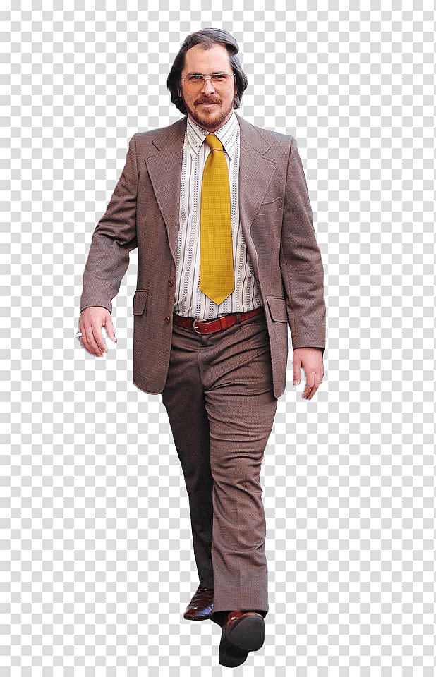 man wearing brown suit, Christian Bale American Hustle transparent background PNG clipart