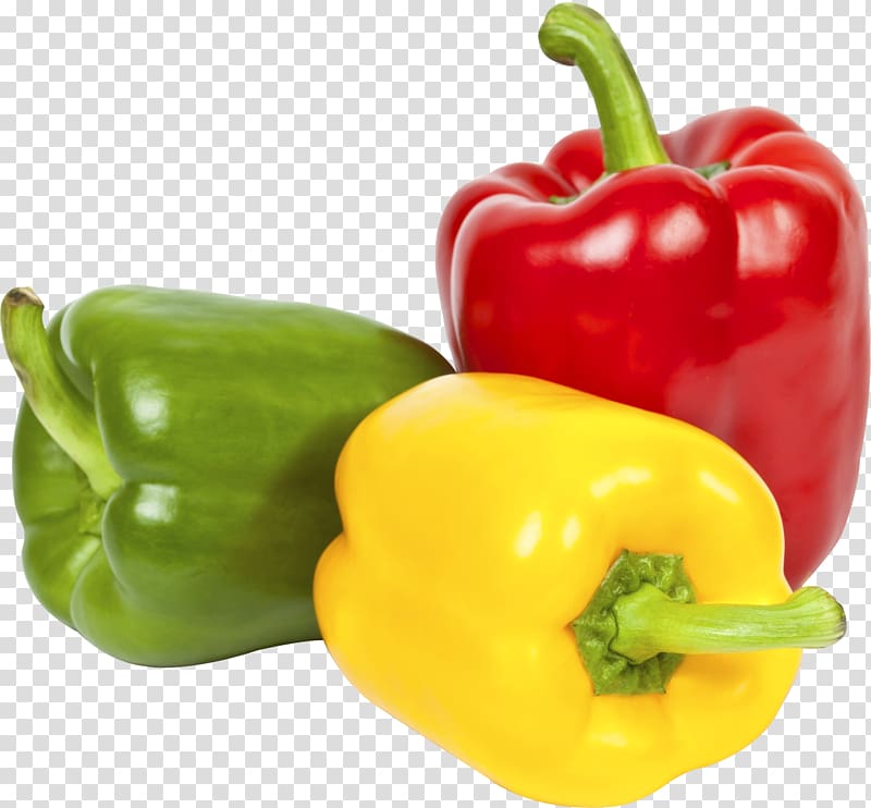 red, yellow, and green bell peppers, Bell pepper Cubanelle Stuffed peppers Chili pepper Vegetable, black pepper transparent background PNG clipart