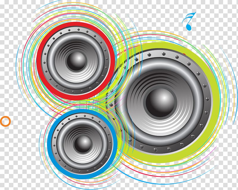 three black stereo speakers illustration, Disc jockey Sound Illustration, Colorful lines transparent background PNG clipart