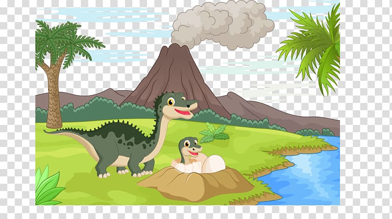 green dinosaur near mountain and body of water illustration, Tyrannosaurus Dinosaur Cartoon Illustration, material Dinosaur transparent background PNG clipart