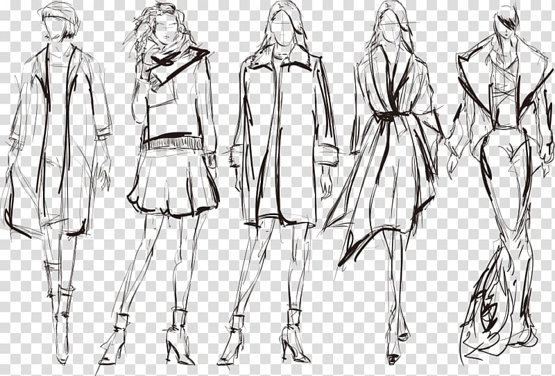 five fashion dress sketch art, Drawing Sketch, Fashion sketch woman transparent background PNG clipart