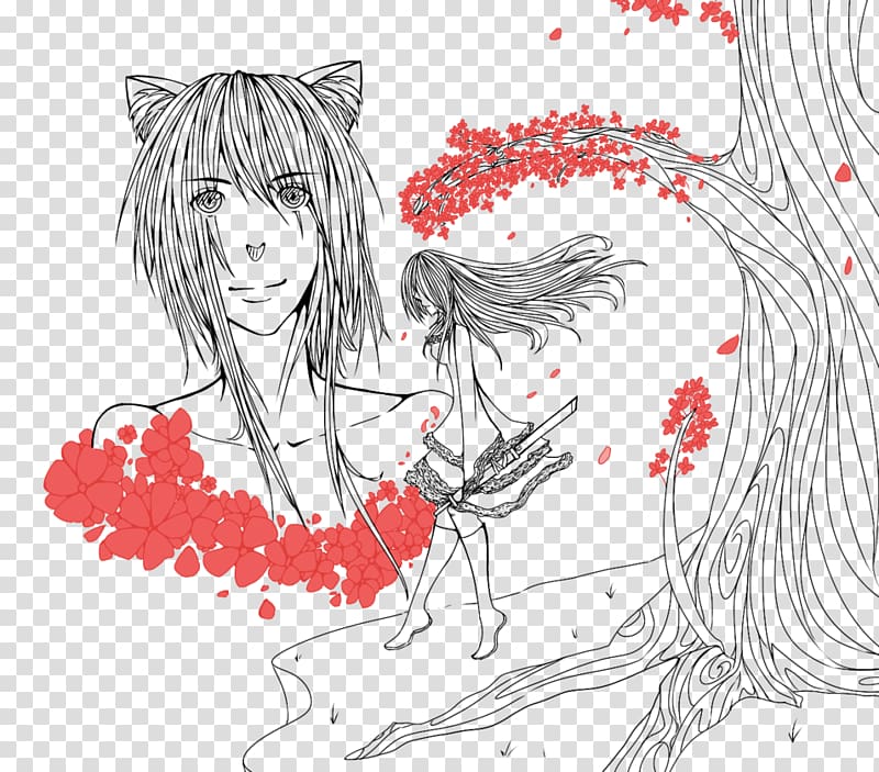 Line art Mangaka Sketch, Sakura petals transparent background PNG clipart