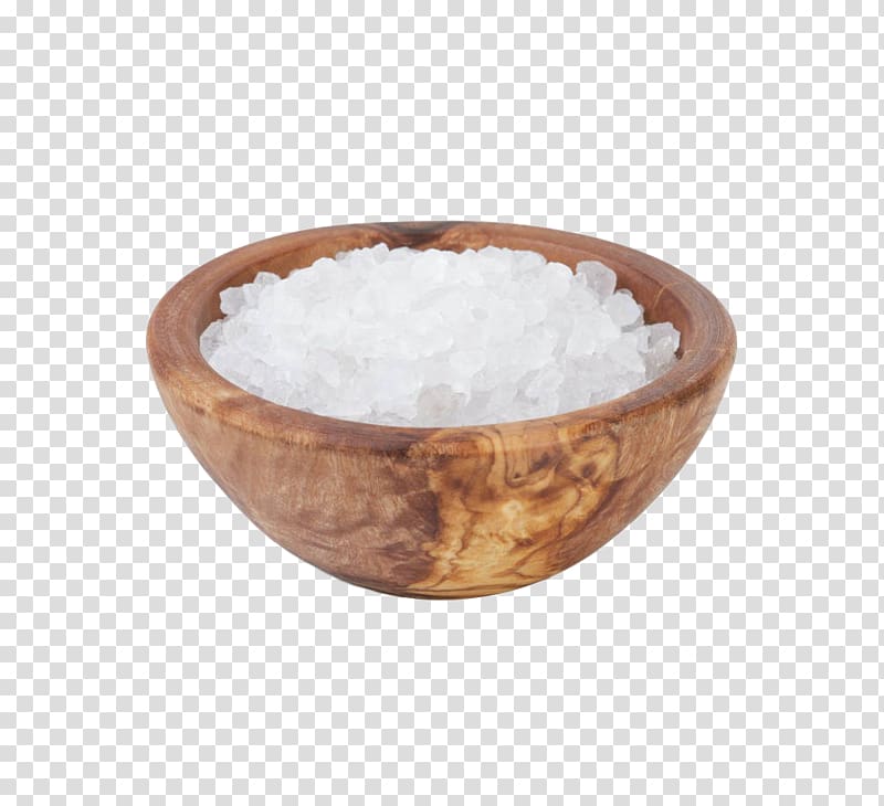 Sea salt Crystal, The thick salt in the wooden bowl transparent background PNG clipart