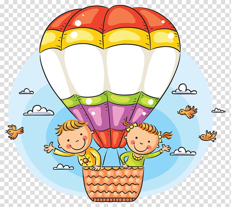 girl and boy riding hot air balloon , Cartoon Hot air balloon Illustration, Children on a hot air balloon transparent background PNG clipart