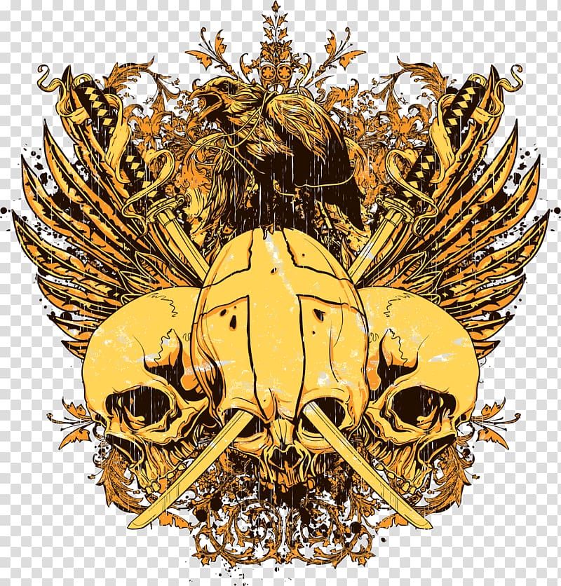 three yellow humans skulls with two swords illustration, Printed T-shirt Skull, Skull and eagle stamp on the sword transparent background PNG clipart