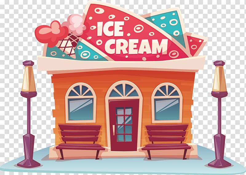 orange and white ice cream store illustration, Ice cream cone Ice cream parlor, ice cream shop transparent background PNG clipart