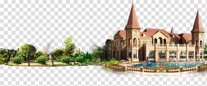 swimming pool in front of castle art, Villa Ocean View Poster, European style swimming pool sea view health Villa transparent background PNG clipart