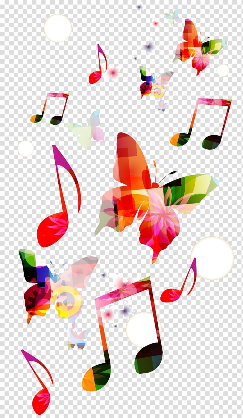 butterflies and music notes , Musical note Background music Clef, Colorful butterfly notes transparent background PNG clipart