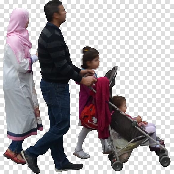 woman standing in front of man pushing black stroller with child inside beside child, India Muslim Family, Family Background transparent background PNG clipart