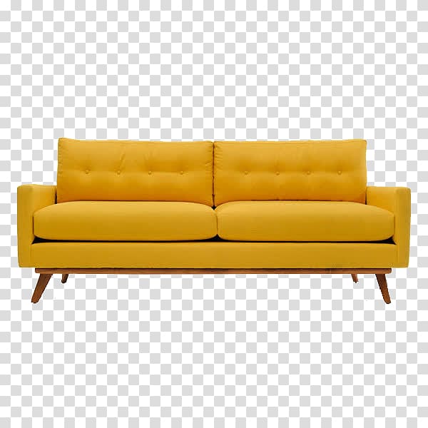 tufted yellow padded couch with brown wooden frame, Couch Mid-century modern Table Sofa bed Furniture, A sofa transparent background PNG clipart