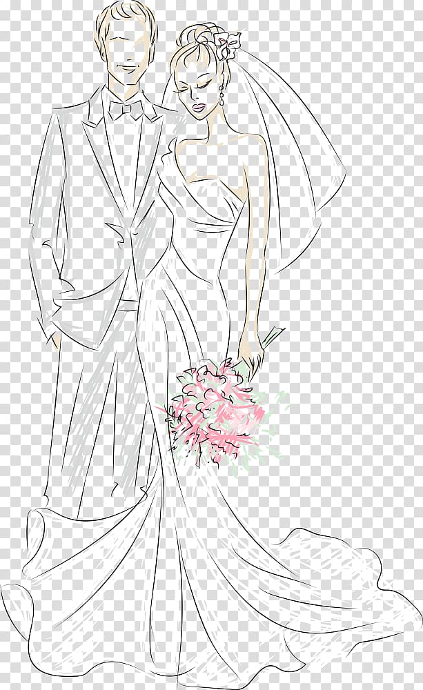 Character Cartoon , Hand-painted bride and groom, groom and bride sketch transparent background PNG clipart
