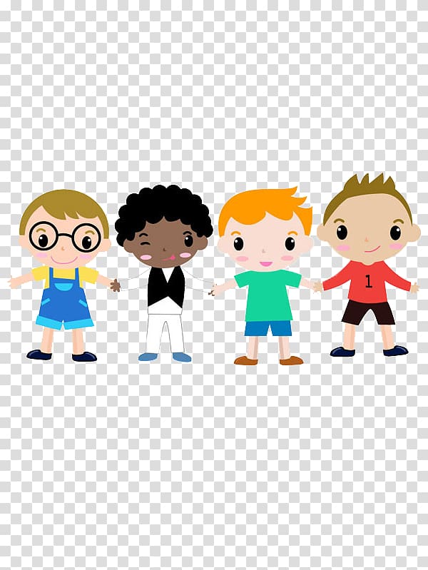 Cartoon Child Drawing, Four cartoon boy holding hands transparent background PNG clipart