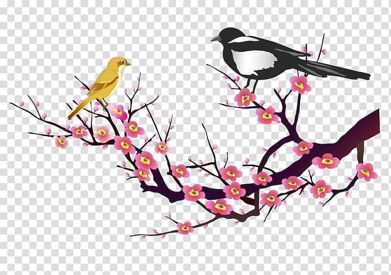 black and yellow birds illustration, Lunar New Year Peach Ochna integerrima, Bird on plum blossom transparent background PNG clipart